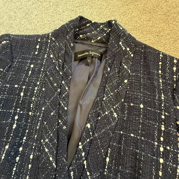 Nanette Lepore Maddalena Tweed Navy Blue Blazer Belted Mermaid Asymmetric Sz 0 - Picture 3 of 12